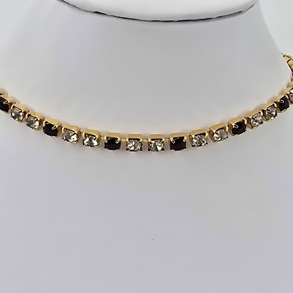 Trifari Tennis Necklace Choker Gold Tone Black and Clear Crystal - Picture 2 of 8